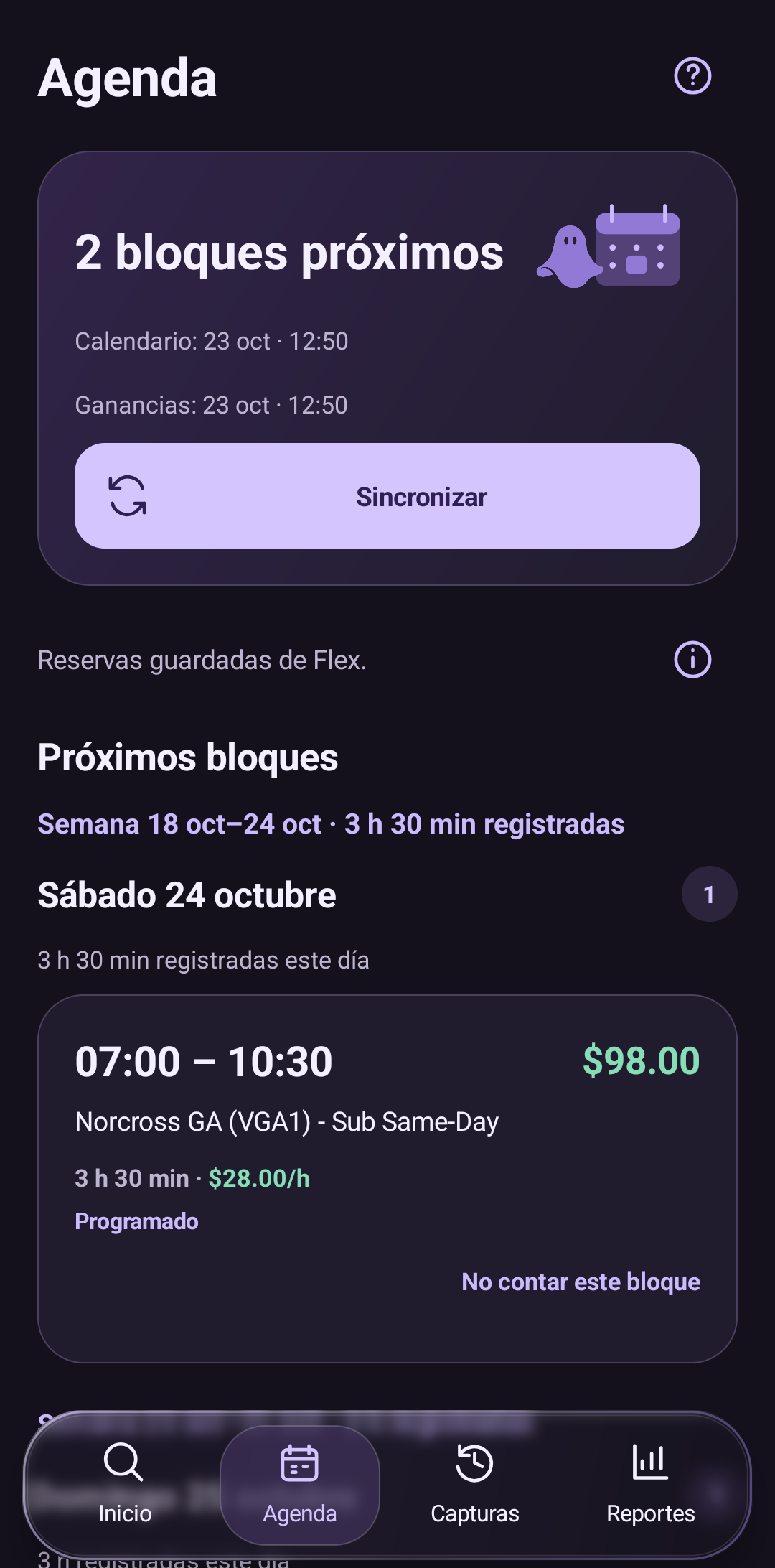 Pantalla real de Agenda de BOOBOT con dos bloques ficticios y sus horarios y pagos.