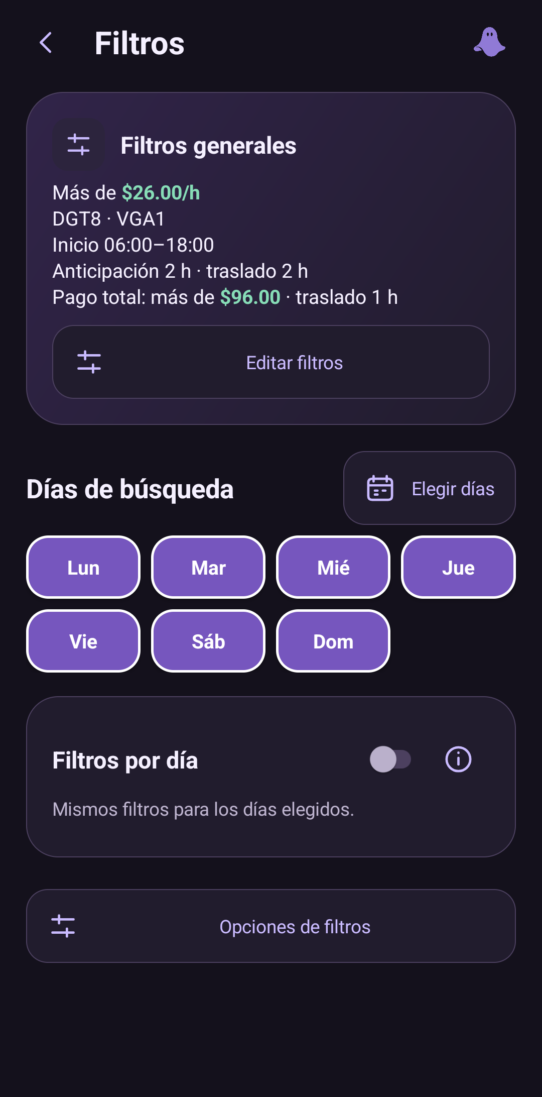 Pantalla real de filtros de BOOBOT con una configuración de demostración.